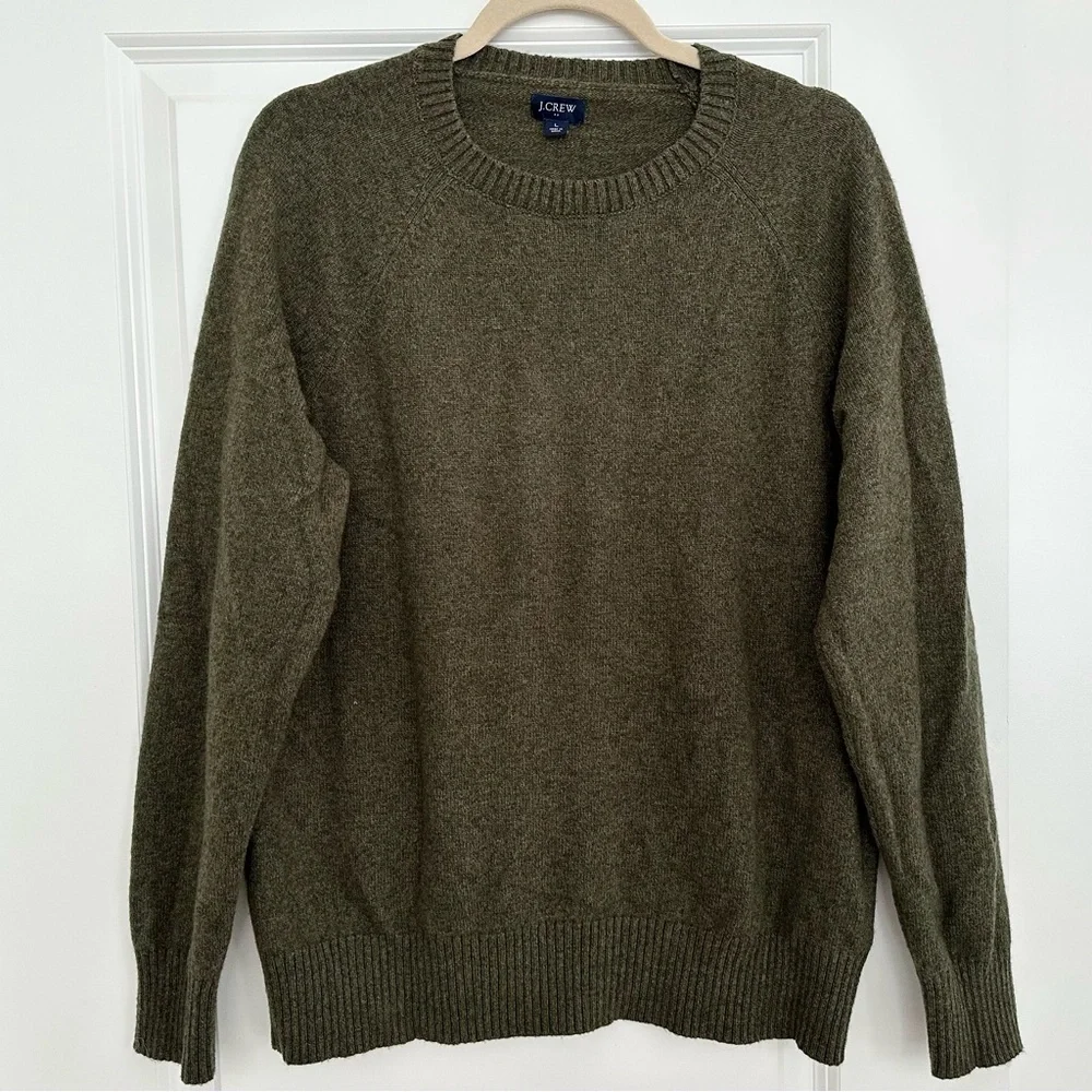 J. Crew Olive Green Crewneck Sweater In Super Soft Lambswool Blend